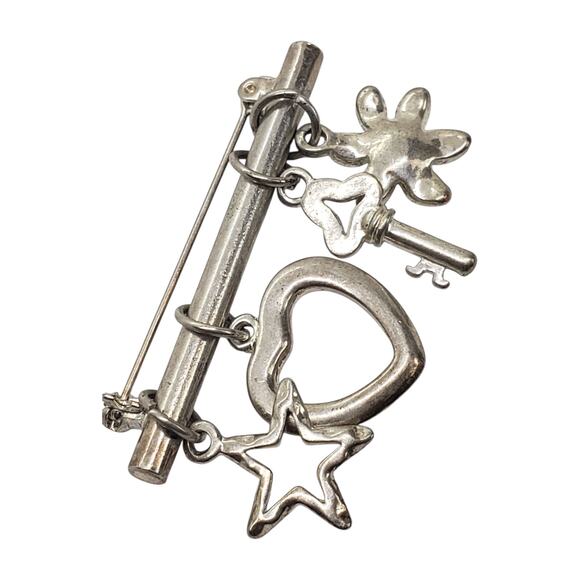 Vtg Silver Tone Charm Brooch Pin Flower Rhinestone Key Heart Star Dangle Costume - Picture 4 of 10